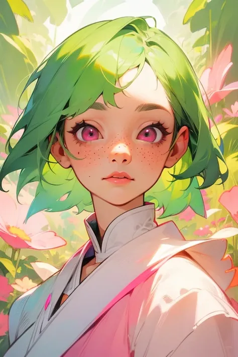 creates the portrait of a beautiful woman, green hair with short hair and pink eyes. His skin is whitish and his cheeks are rosy. She has some freckles around her nose and her expression is calm and peaceful. The image is beautiful, it conveys peace and ca...