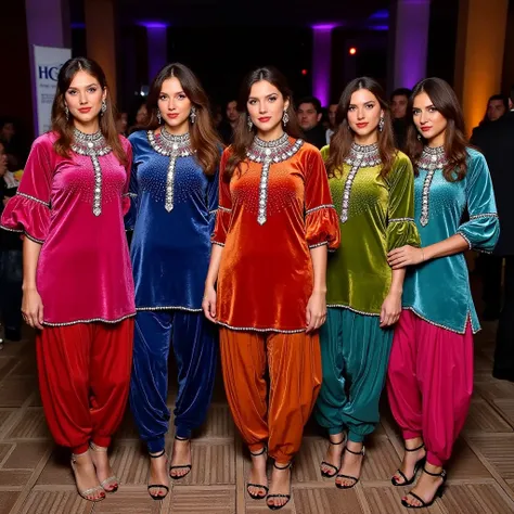 a group of five women in a stylish, vibrant outfit for a party! Each woman is wearing a luxurious multicolor velvet high-neck kurti with mirror stonework on the yoke, giving a dazzling and intricate appearance. The kurti features three-quarter sleeves and ...