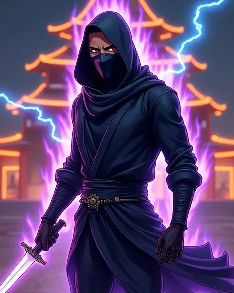 A dark black ninjah man with a masked face, animation manga 3D, surrounded by an aura of purple fire, A background of a golden Ninjah temple and neon blue lightning, holding a burning kunai in his hand.