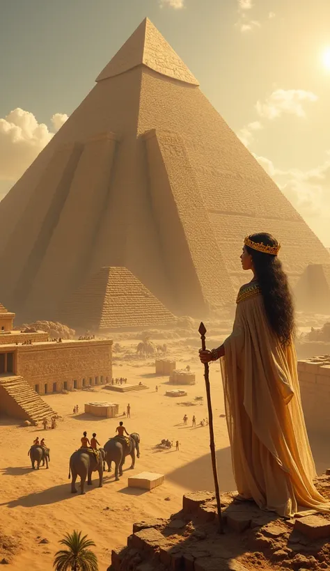 A towering Egyptian giant lifts massive squared rocks to build a pyramid under the blazing sun. Normal workers carve stones and haul materials, while elephants pull heavy blocks on wooden sleds. In the foreground, a beautiful Egyptian queen watches from to...