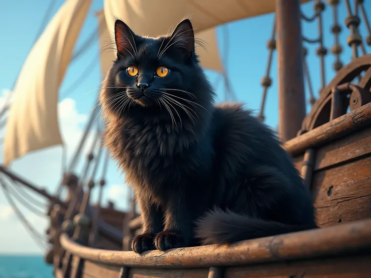  A (((black fluffy cat))), with its thick, luxurious fur, elegantly posed atop a ((pirate ship)), exuding a sense of adventure and swashbuckling excitement, under a backdrop of (sunny blue skies)