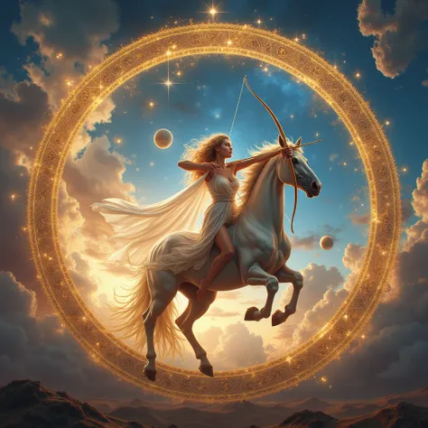 image (realistic, fotorrealistic, fotorrealistic: 1.37) of a Sagittarius .  It is a mythological being , She is a beautiful young woman ,  with long blonde and curly hair who wears an ancient Greek-style white cape . This cape wavy in the wind . The hips a...