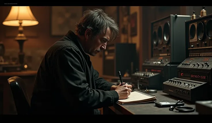  Rock Ross alone in a dark studio ,  surrounded by vintage recording equipment .  It looks reflective while writing in a notebook. on the wall,  a sign with the name of the album  "Ashes of Liberty ".