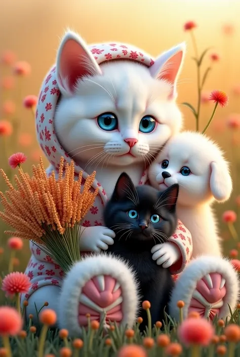 White fluffy cat with blue eyes wears a floral hoody, Large fluffy slippers with a bow and has a fluffy black kitten on her lap with a large field bouquet, white fluffy dog ​​looks over the cat's shoulder, background field flowers