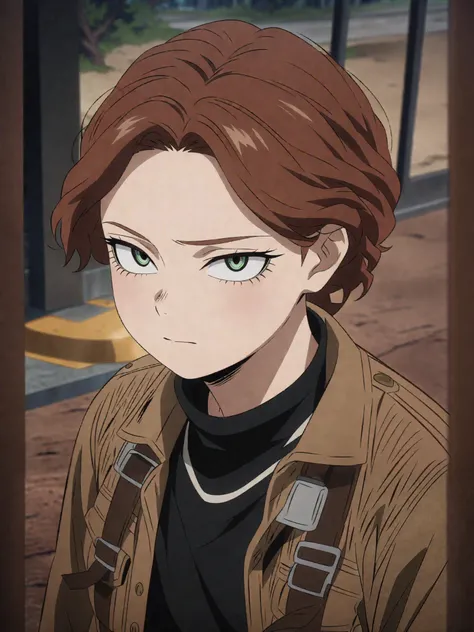 (masterpiece, best quality, anime, anime coloring:1.3, superhigh res). 18-years-old, young, 1girl, female. ((Sadie Sink, Max Mayfield, Stranger Things, netflix, , wearing brown jacket, as MHA character. Calm expression)) City avenue background, daylight.
...