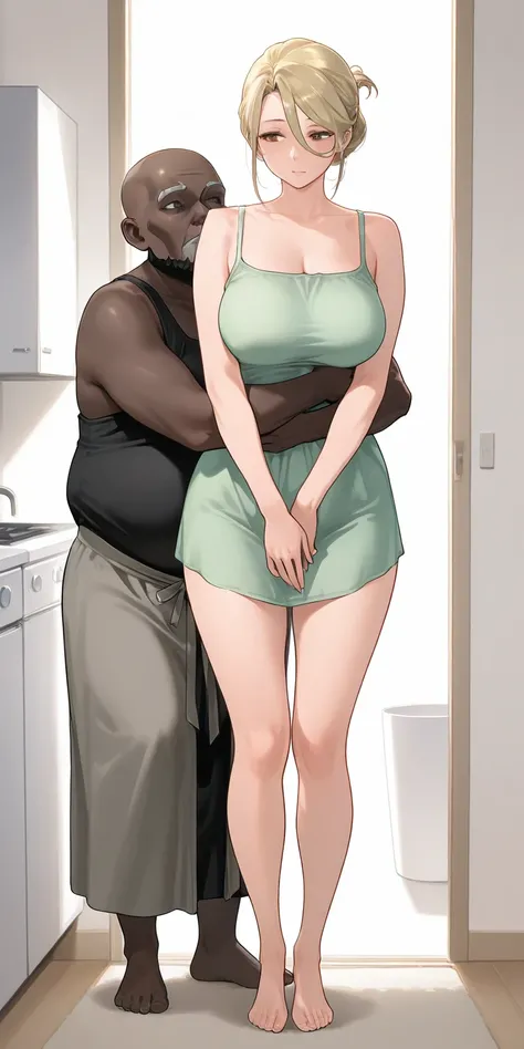 a black-skinned old man, bald-headed, tall and big, completely naked, standing behind, hugging mature female, housewife, Blonde hair, hair between eyes, chignon hair, camisole, upper body, milf, soft light, high detailed, full body view