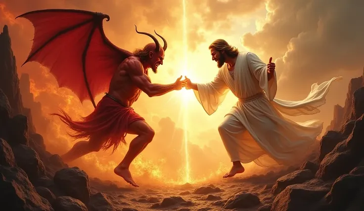 A hyperrealistic depiction of Jesus Christ and the Devil engaged in an intense battle. On the left side, representing the Devil, is a vivid and fiery inferno, filled with jagged rocks, flames, and dark shadows. On the right side, representing Jesus, is a s...