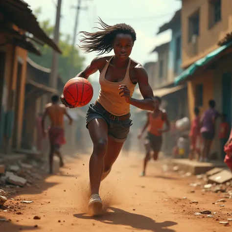 Imagine a chase scene in a suburban african slum,  about s running, woman about 30 years chasing after  while woman holding a red ball.