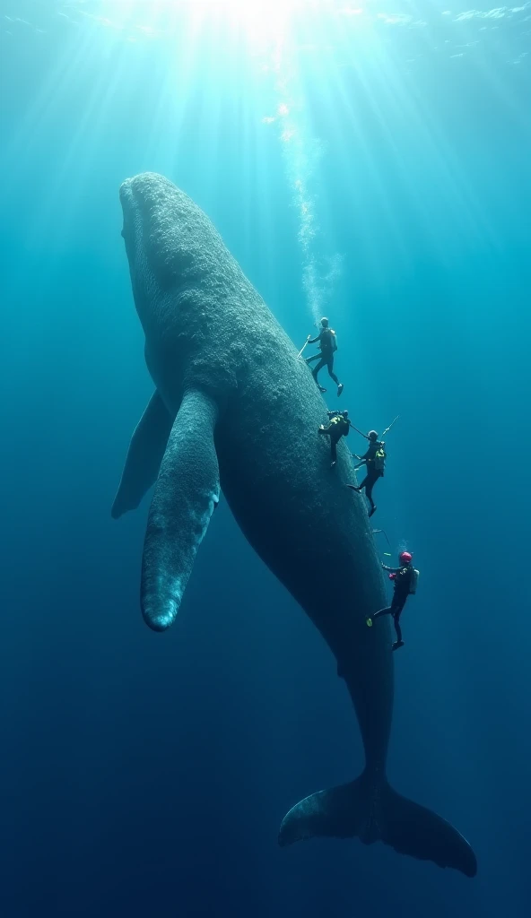 Here's a detailed *image creation prompt* for *whales covered in parasites* with divers cleaning them:

---

*Prompt for Image Creation:*

"A peaceful underwater scene shows a massive whale gently gliding through the clear blue ocean. The whale’s body is c...