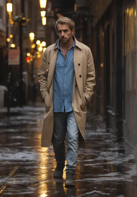 ((body portrait, body shot)), professional intricately detailed award winning glamor photograph, John Constantine walking the dreary streets of London, (old battered tattered) beige trench-coat, open white shirt, loose tie, grizzled face, (weary eyes, grim...