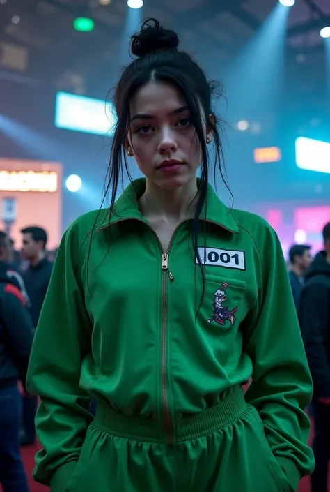 "Billie Eilish wearing a green tracksuit from 'Squid Game' with the number 001 on her chest. She has her signature messy hair and a confident, intense expression. The background is a dimly lit game arena with a mysterious atmosphere, featuring the show's i...