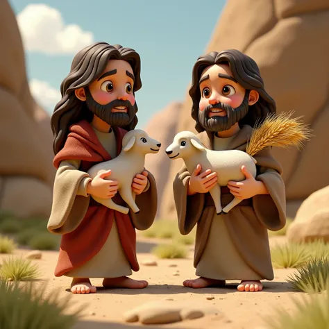 Caim e able,  different from each other ,  in a natural setting .  The two in Old Testament clothes .  able,  holds a white lamb , while Cain,  holds a bundle of wheat .  The two are standing at the altar .  This altar of stones ,  is in the background ,  ...