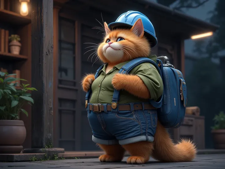 A short, cute, fat, ultra-realistic adult orange cat wearing denim shorts and a green blouse, and a blue safety helmet on his head, with a blue backpack, he is inside his house, a cozy house, it is dark at night, there is little lighting, a dark house show...