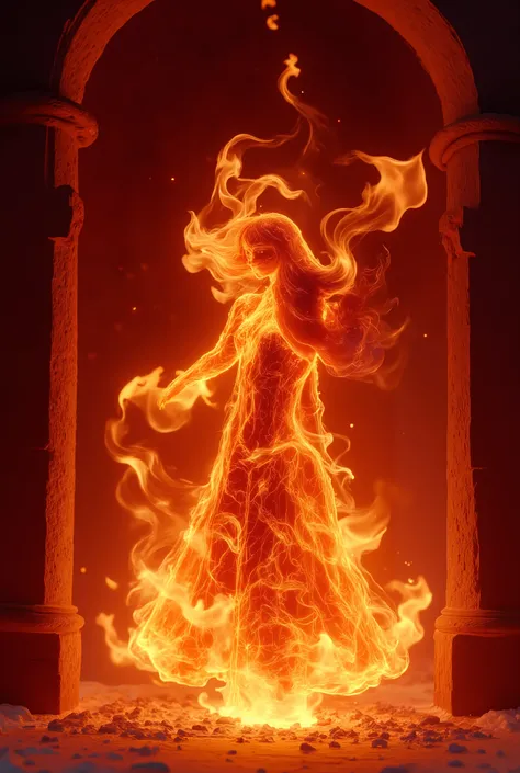 fire in the shape of a girl,, sunset shimmer, wavy hair, dancing inside a large fireplace, stone fireplace, red fire,