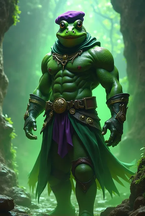 a robust S-class adventurer,a frog masked man, purple beret, muscular body, detailed facial features,green frog mask,adventurous pose, green aura around his body, magical aura, serious expression, dynamic action,fantasy adventure,dramatic lighting,vibrant ...