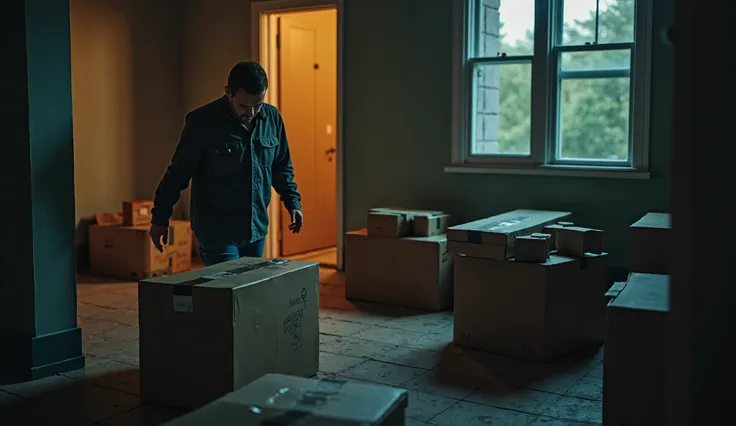 survivor man moving out of his current house keeping survival supplies in boxes, In the background some boxes with things ready to be transported,  realistic image,  low lighting. Colors that give off a feeling of melancholy.