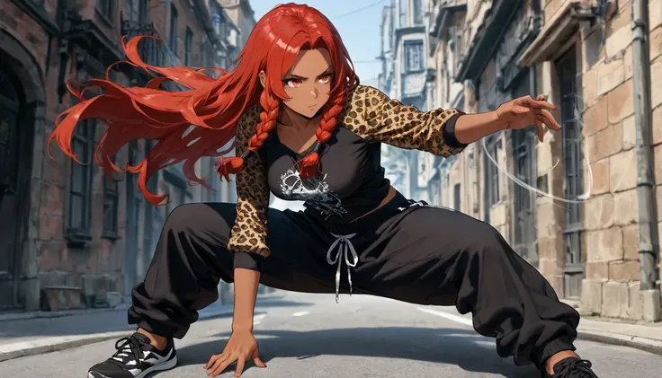 dark skin, red hair, red eyes, long hair, braided sidelocks, goth fashion, leopard print, sweatpants, crouching, fighting stance, spinning, solo, streets, [[mature female]], masterpiece, best quality, amazing quality, detailed background, intricate details