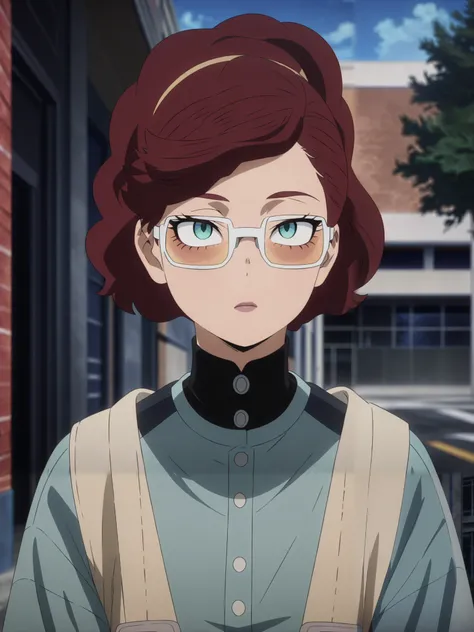 (masterpiece, best quality, anime, anime coloring:1.3, superhigh res). 18-years-old, young, 1girl, female. ((Shannon Purser, Barbara Holland, Stranger Things, netflix, , wearing squared glasses, as MHA character. Calm expression)) City avenue background, d...