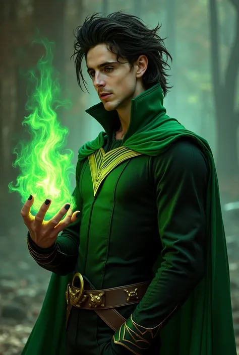 Son of Loki, dressed in green, black and gold with greenish flames wrapped in one hand.  mysterious smile closer to , nails painted black and light blue, almost gray eyes. Twink style hair.  slightly muscular body . 