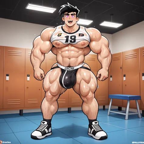 best quality, masterpiece, extremely detailed, one man in a locker room, Danny Phantom tv show, Danny Fenton from Danny Phantom, Danny Fenton as a hyper muscular brainwashed bodybuilder American football player, rugged windswept hair, sweaty, glistening sk...