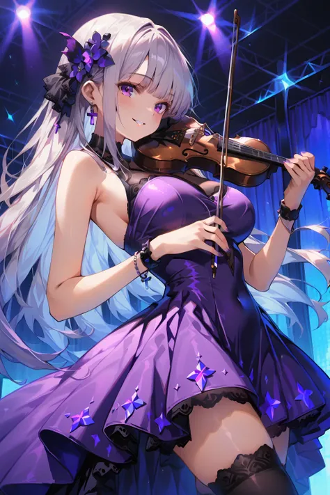 1girl, (loli), silver hair, long hair, black lace dress, purple dress, see through dress, Classic Concert 
, large breasts, parted lips, 

intricate bracelet, hair ornament, cross earrings, over_thighhighs

(masterpiece:1.2), (best quality:1.2), (very aest...