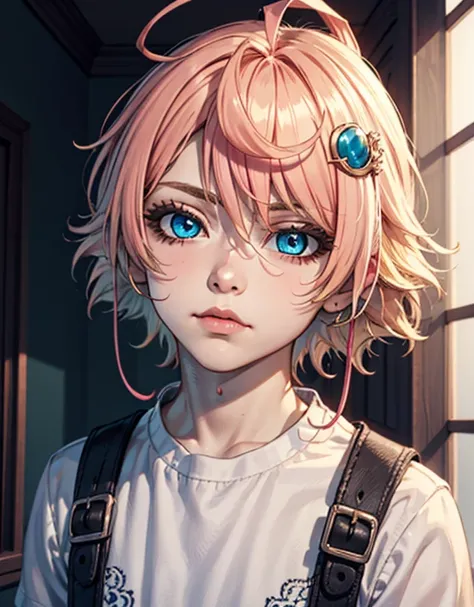 male focus, 1boy, hairclips, accessories, light blue eyes, blonde hair, pink hair, curly hair, gradient hair, blush, handheld mirror fake hair, long eyelashes, very curly hair, handsome boy, short hair, soft colour, aegyo sal