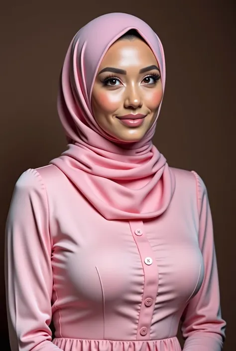 a close up of a woman wearing a pink dress and hijab, a picture inspired by Maryam Hashemi, tumblr, hurufiyya, sie boob, with large breasts, busty, malaysian, thick neck, with a large breasts, (38 years old), with beautiful exotic, covered sfw huge breasts...