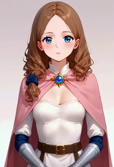 Young girl with delicate features, thin but cute face, light white skin with a slight blush, glowing light blue eyes, long, slightly wavy brown hair, wearing a light pink and white medieval warrior suit, the main costume is a short light pink dress with wh...