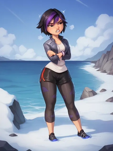 score_9, score_8_up, score_7_up, BREAK, gogotomago, 1girl, solo, short hair, black hair, brown eyes, wide hips, dark-gray jacket, lo purple hair,  shorts, bracelet, makeup, casual,  cropped jacket, leggings, sleeves pushed up, capri pants, black leggings, ...