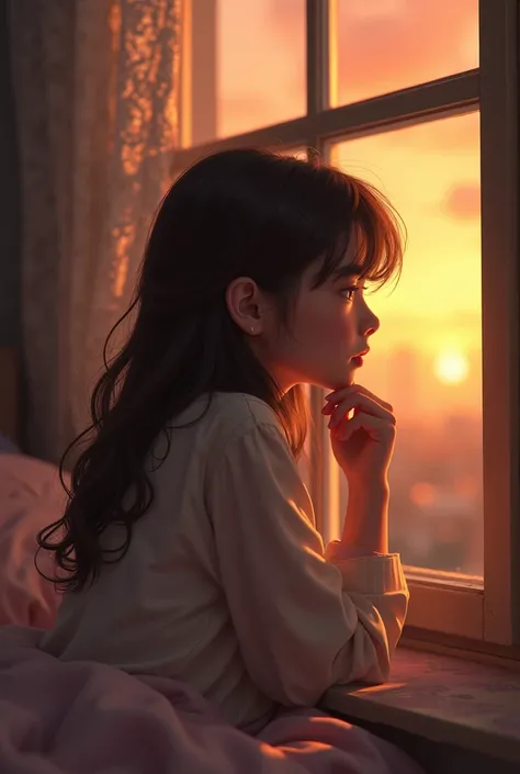 A 16-year-old girl sitting near her bedroom window,  at sunset 