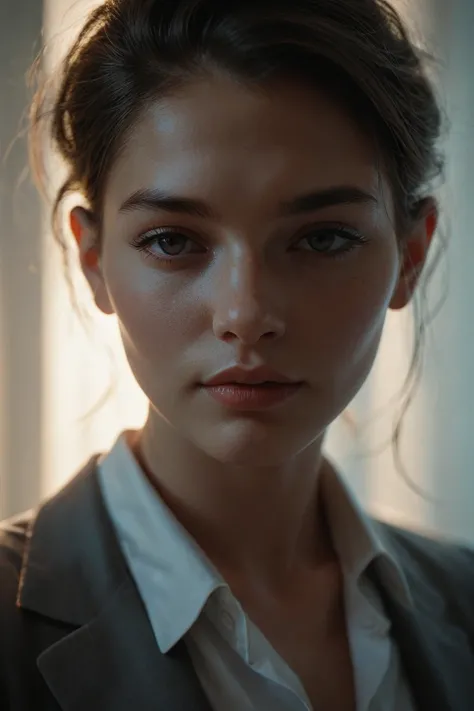 close-up portrait of a young woman's face, full frontal, studio lighting, evenly illuminated, flawless skin, sharp focus, high definition, professional quality