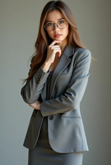  CREATE A REALISTIC FULL BODY PHOTO OF A BEAUTIFUL AND ELEGANT 40-YEAR-OLD WHITE WOMAN,  SHE HAS SOME KOREAN TRAITS , , SHE WORKS WITH DIGITAL MARKETING  . YOUR HAIR IS STRAIGHT AND VERY LONG AND LIGHT BROWN, She has a LIGHT BROWN EYE , SHE WEARS DELICATE ...