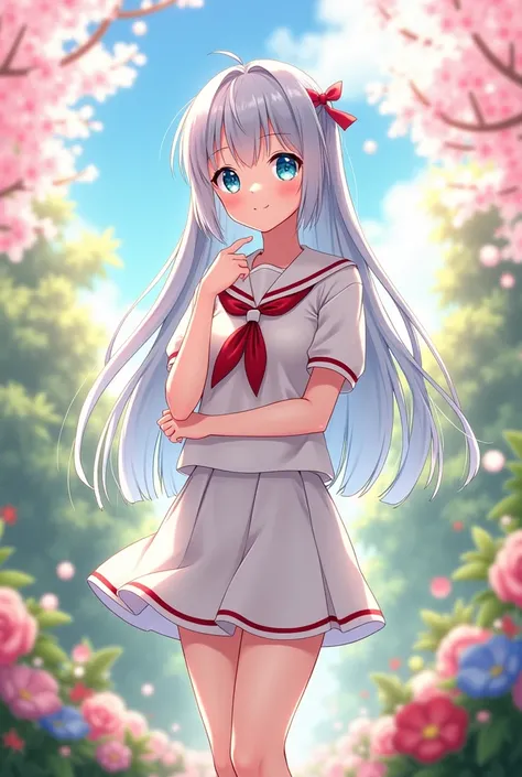 Anime-style illustration of a tall (159 cm) young woman with fair skin, silver hair, and sparkling aquamarine eyes. She has a cute and charming face that stands out from ordinary people. She is wearing a Yohane-inspired school uniform (sailor-style with re...