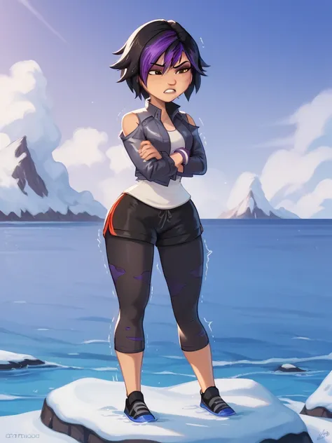 score_9, score_8_up, score_7_up, BREAK, gogotomago, 1girl, solo, short hair, black hair, brown eyes, wide hips, dark-gray jacket, lo purple hair,  shorts, bracelet, makeup, casual,  cropped jacket, leggings, sleeves pushed up, capri pants, black leggings, ...