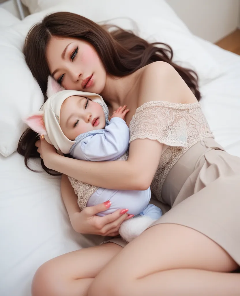 Ahri holding the two baby in arms and the Lying on the bed