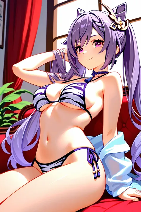 8k,masterpiece, best quality, ultra detailed, high resolution, super fine illustration,Keqing (Genshin impact), 1girl, solo, smile,purple eyes, purple hair, cone hair bun, double bun, braided bangs, long hair, medium breasts, Tiger-striped bikini,