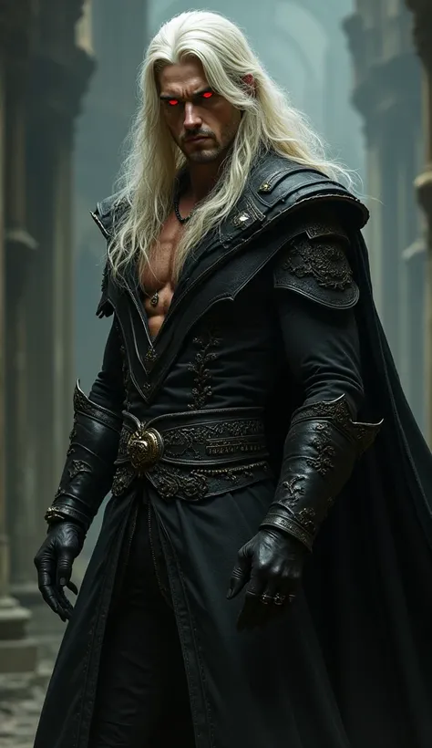  strong man, high, beautiful, sexy, very light blonde long hair,  pale skin, wearing noble medieval clothing, Dull red eyes, Sarcastic features,  Dark fantasy style .