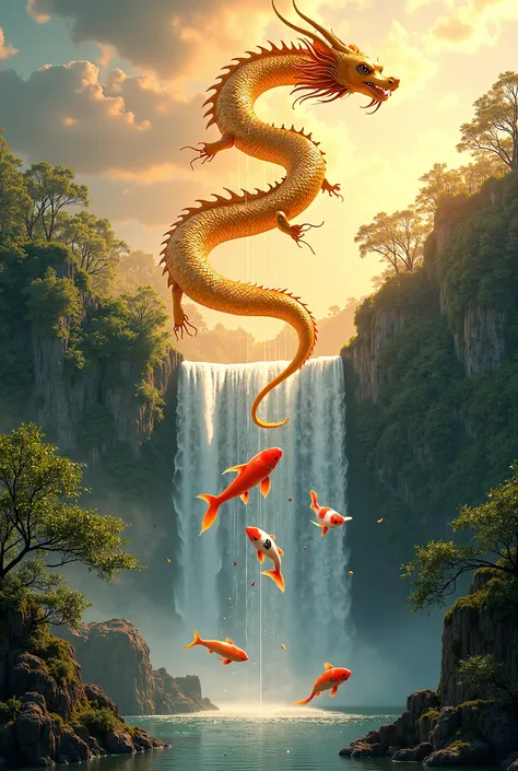 photo 8k .1 green koi.1 red koi .1 golden koi fish overtakes a waterfall to become a dragon with money