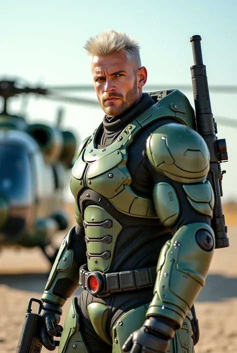  Muscular man with military-style hair in the color white ,  helicopter wearing cyberpunk armor with the colors green and silver, The man has a bazooka in one of his arms ,  And backstage is a futuristic helicopter .