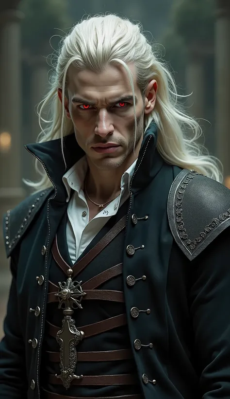 26-year-old strong man, high, beautiful, sexy, Long blond hair very light in the wind,  pale skin, wearing noble medieval clothing,  red eyes, Sarcastic features,  Dark fantasy style .