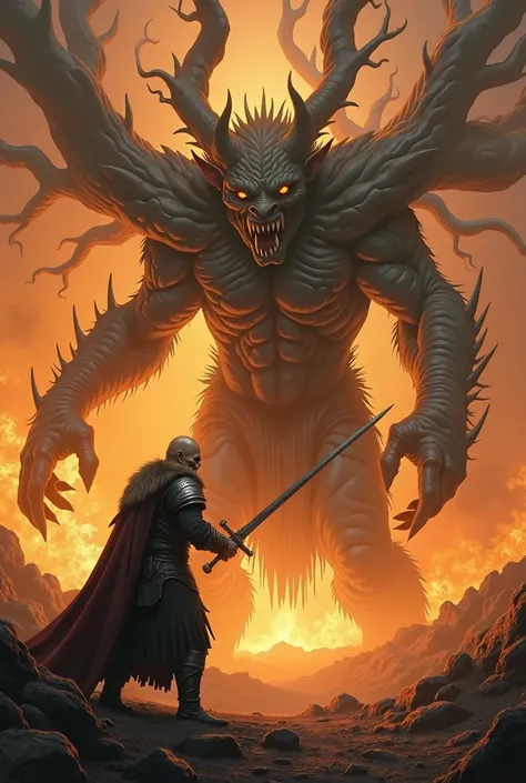 Old warrior king fighting a huge demon near a tree on fire. Try to make the demon more realistically. The king should have the crown of the witch king from Lord of the ring on his head.