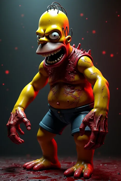 "A terrifying, horror-inspired version of Homer Simpson, with grotesquely twisted limbs, eerie glowing eyes, and a sinister grin. His flesh appears cracked and decayed, with deep shadows accentuating his monstrous transformation. The background is a dark, ...