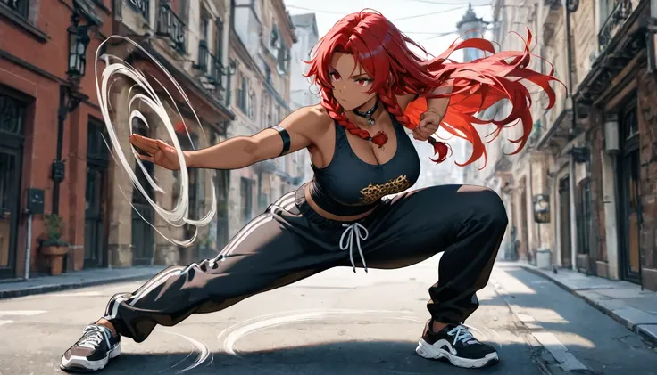 dark skin, red hair, red eyes, long hair, braided sidelocks, double parted bangs, goth fashion, choker, black armband, tank top, leopard print, sweatpants, crouching, fighting stance, spinning, solo, double-parted bangs, streets, [[mature female]], masterp...