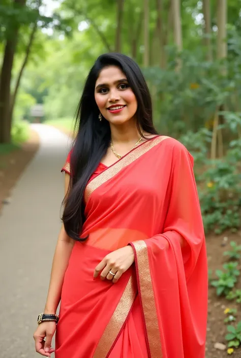 Dont change my face and position.  But change my saree into something soft and beautiful saree, maybe red or white or beige color or light yellow color a simple saree. Dont change my hair too. make the background like I am.sitting on a  wood swing. in a ec...