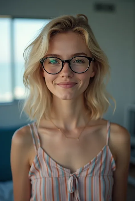 take a picture of the same girl as in the last picture you took, but she should be light blonde with shoulder-length hair and glasses. and the background should be realistic, with something real, not blue. 