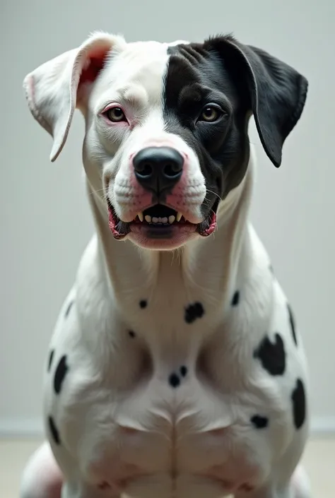 A half-white dog with black spots and all black on the head as far as the white reaches and with fangs and a pitbull's face 