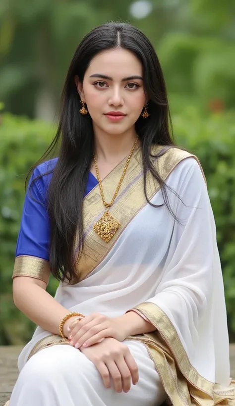 A full photo of a malayali house wife , wearing white cotton saree with golden border and blue blouse, wet hair falling in her face, light pink lips,chubby cheeks look at viewer, pale face, photo shoot for ethnic sarees, sitting pose, her feet is very beau...