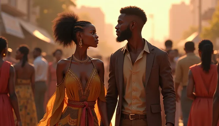 African Beautiful woman and young man with sincere love walking in front of people 