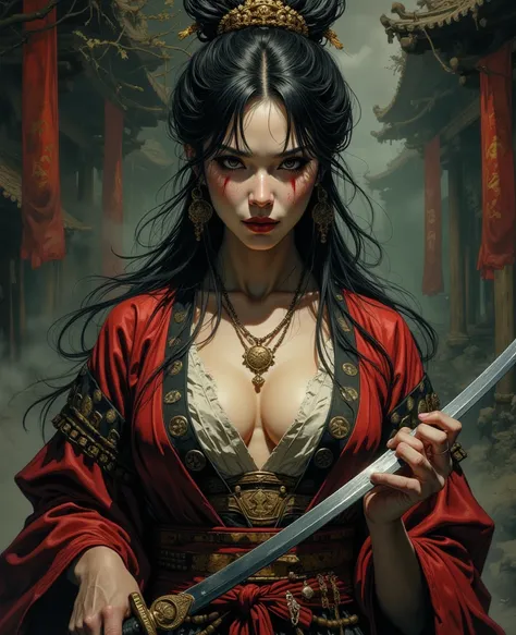 (8K, highest quality, masterpiece:1.2), (realistic:1.4), Raw photo, highest quality, ultra high resolution, best shadow, (full body:1), historical heroine, cleavage, Swordmaster, kabuki, (samurai sword), large scale amazing environment, horror, dark horror...