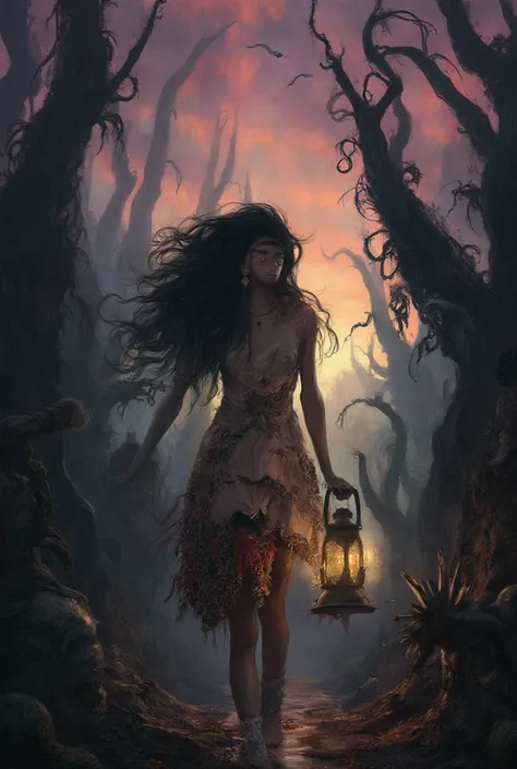 An 18-year-old Mexican woman stands in a bizarre, twisted forest under a sky painted with deep shades of purple and orange, resembling a surreal dreamscape. She wears a torn, vintage dress, the fabric swirling with strange, oversized patterns, and her long...